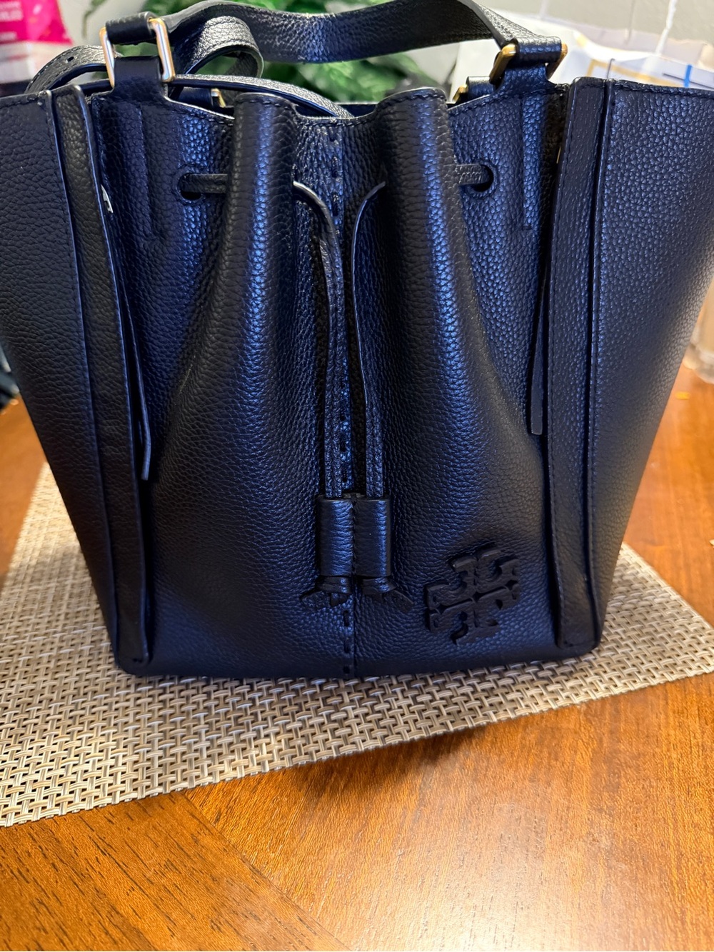 Tory Burch Black Pebbled Leather Drawstring Messenger Bucket Bag